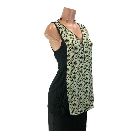 August silk black Green sleeveless tank blouse beaded neck design MED - Picture 2 of 13